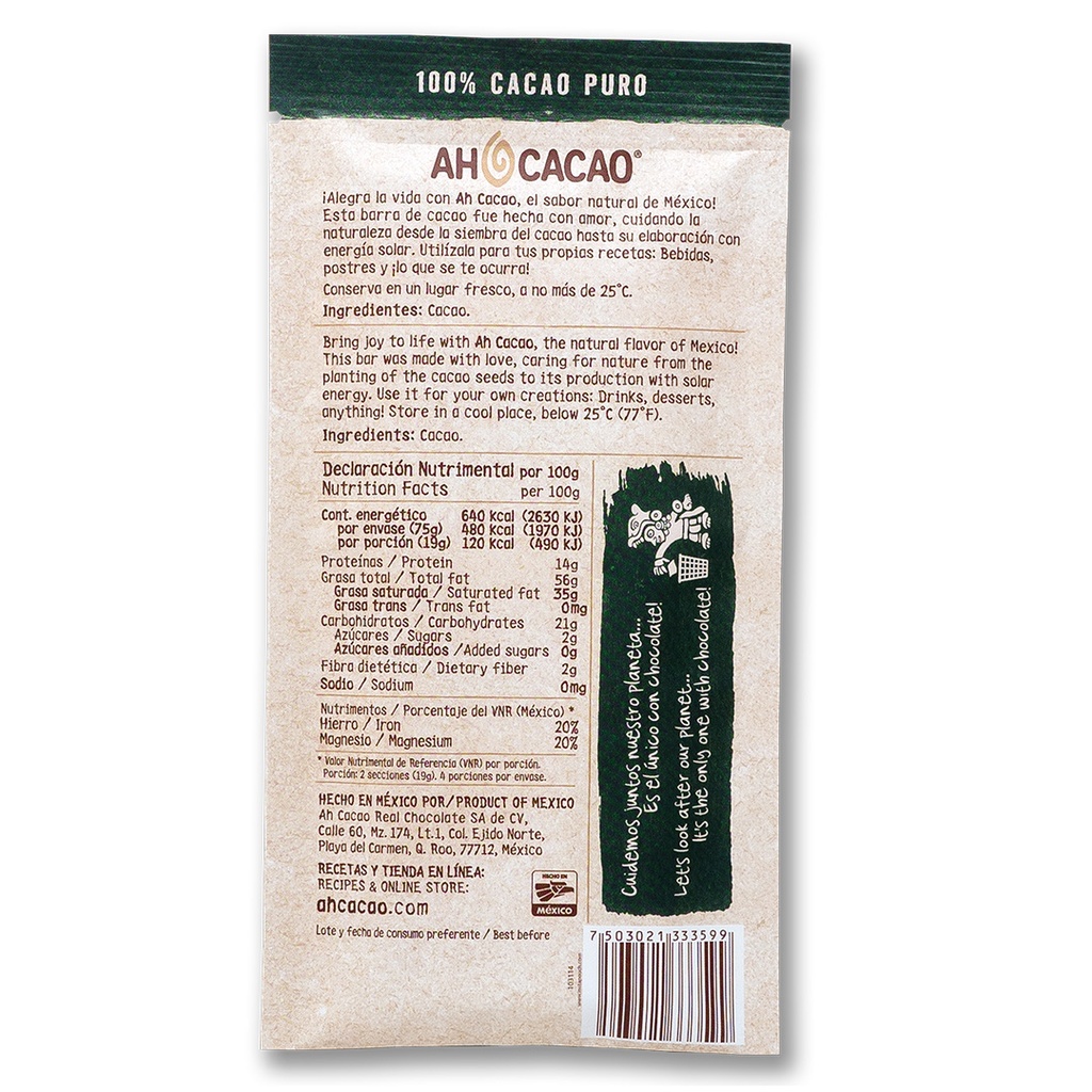 100% cacao puro, barra 75g