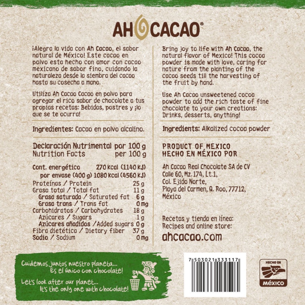 Cacao en polvo (cocoa) alcalino, bolsa 400g