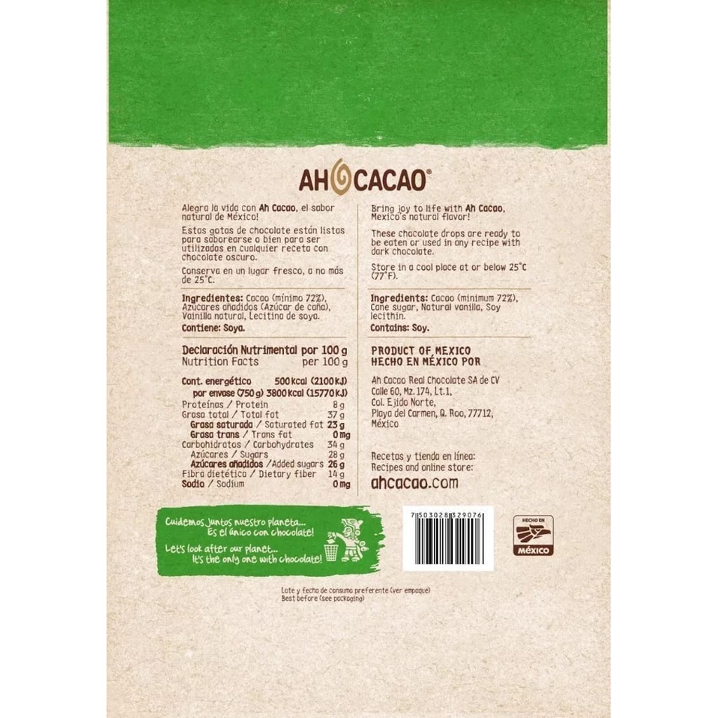 Chispas (gotas) de chocolate 72% cacao, bolsa 750g