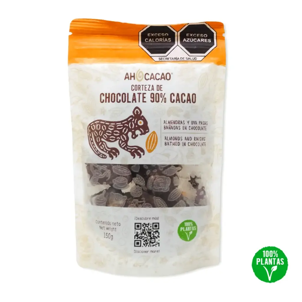 ​Chocolate bark, 90% cacao, almond and raisin, bag 150g.