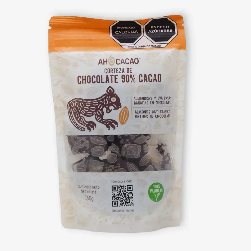 ​Chocolate bark, 90% cacao, almond and raisin, bag 150g.